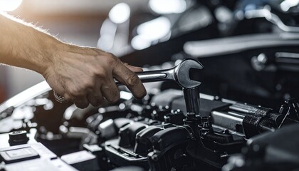 Close-up of a mechanic's hand using a wrench to work on a car engine, emphasizing repair, maintenance, and automotive expertise in a workshop setting.