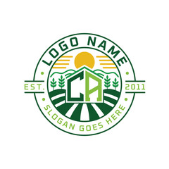 Modern Farmhouse CA Logo Design. Letter CA Agriculture Logo with Sun, Field, and Nature Elements