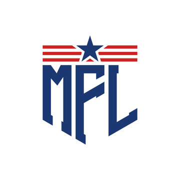 Patriotic MFL Logo with Star and American Flag Straps. Letter MFL Logo with USA Flag