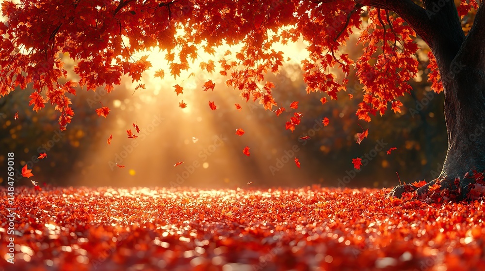 Wall mural crimson leaves fall from the branches of a maple tree in autumn, creating a vibrant carpet of color 