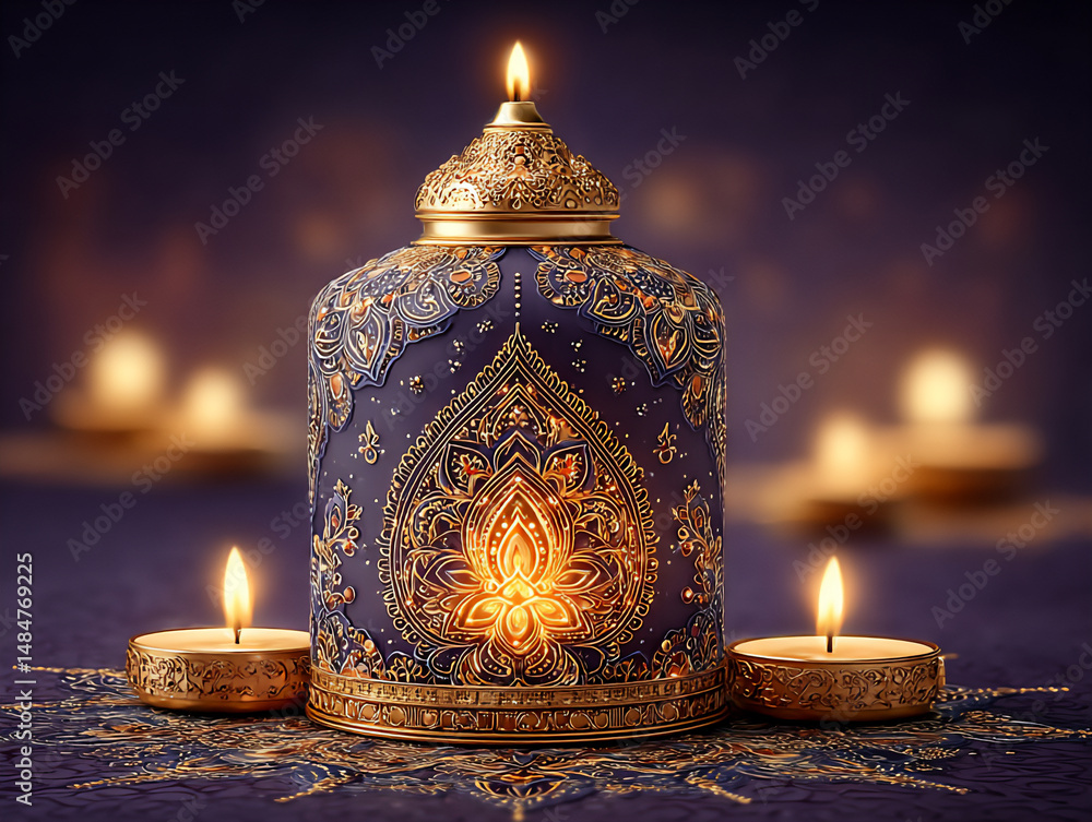 Poster lavish 3d rendering of intricately patterned gold lanterns emitting a warm glow and floating on a ri