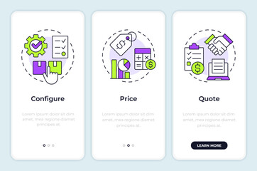 CPQ process onboarding mobile app screen. Product management. Walkthrough 3 steps editable graphic instructions with linear concepts. UI, UX, GUI. Montserrat SemiBold, Regular fonts used