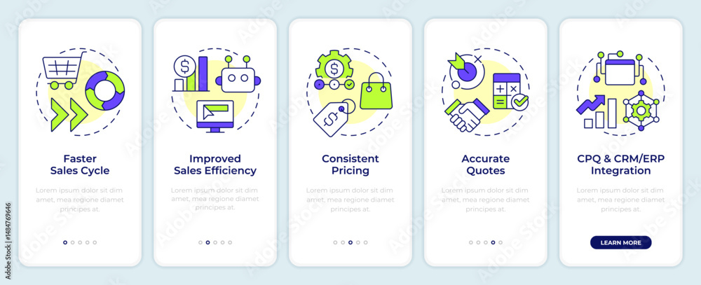 Poster quote management onboarding mobile app screen. pricing strategy. walkthrough 5 steps editable graphi