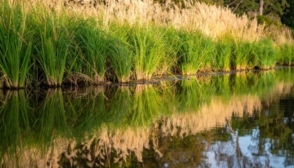 Obraz premium Tranquil reflection of grasslands at riverbank nature scene serene environment peaceful viewpoint