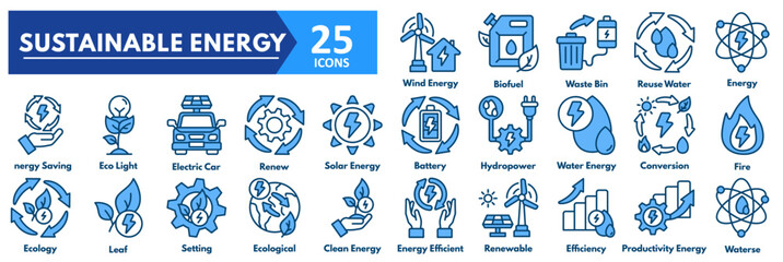 Sustainable Energy icon set. with icons of wind, biofuel, waste bin, reuse water, energy, saving, eco light, electric car, renew, sola, battery, hydropower, water energy 