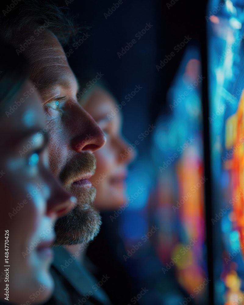 Poster three people watching a screen in dark room, showing technology innovation and team collaboration in