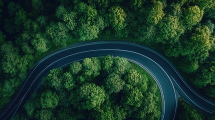 Aerial view of a winding road surrounded by vibrant green forest trees