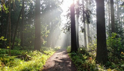 Obraz premium Nature trail adventure dense forest photography morning light serene atmosphere peaceful concept