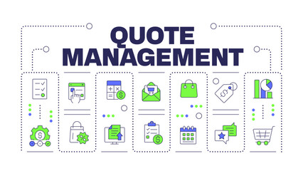 Quote management word concept isolated on white. Product strategy. Business goal, corporate. Creative illustration banner surrounded by editable line colorful icons. Hubot Sans font used