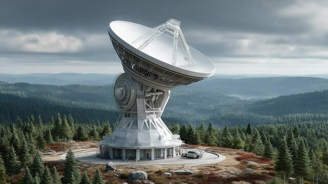 Unveiling the Cosmos: A massive radio telescope stands sentinel atop a verdant hill, poised to intercept signals from the universe, embodying the spirit of discovery and technological marvel.