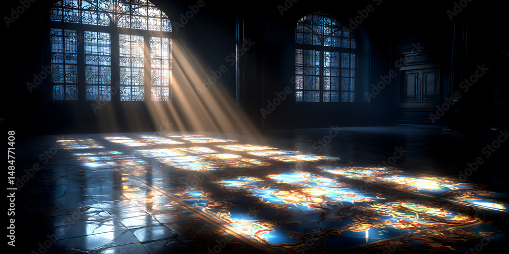 Poster mysterious photograph of subtle shadows playing across the repeating floral patterns of a blue and w