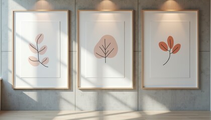 Three Minimalist Plant Prints in Light Wood Frames on Concrete Wall with Sunlight for Modern Home Decor