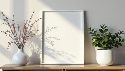 Minimalist White Frame with Dried Flowers and Potted Plant in Neutral Tones for Interior Decor and Mockup [with copy space]
