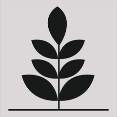 Abstract Plant Silhouette with a Vertical Stem and Six Symmetrical Black Oval Leaves on a Horizontal Line
