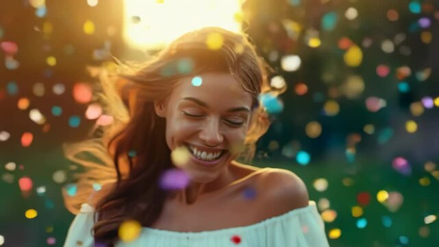Smiling woman in confetti shower, sunlit portrait