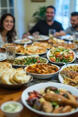 A family sitting at the dinner table with an array of dishes from different cultures A mother and father are teaching their children how to appreciate the food and customs