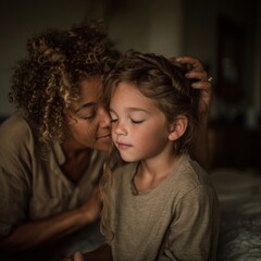 Mother Gently Stroking Daughter's Hair With Eyes Closed in Soft Light, Representing Affection and Family Bonding Moments of Tenderness : Generative AI