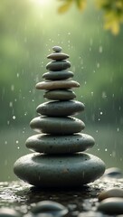 Obraz premium A stack of smooth river stones balanced perfectly under a light drizzle – representing patience, harmony, and natural equilibrium.