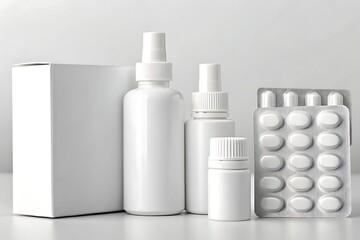 White medicine box, spray bottles, pill bottle, and blister pack showcase pharmaceutical packaging options
