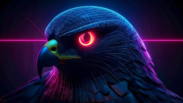 Futuristic Close-Up of a Colorful Bird with Neon Eyes and Abstract Feather Patterns