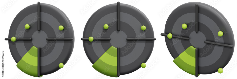 Poster set of abstract circular target chart with lime green segment and grey background 3d render icon ill