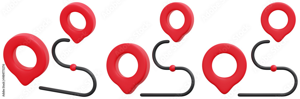 Poster set of red 3d map pins route navigation graphic design 3d render icon illustration