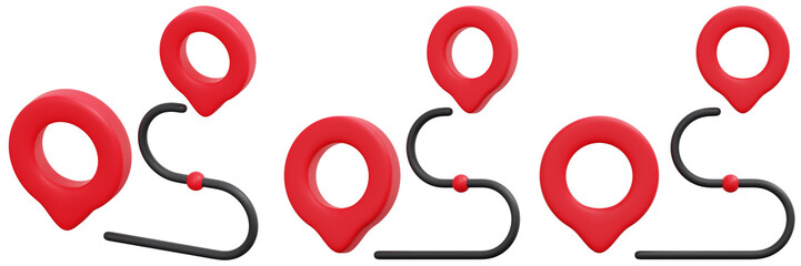 Set of Red 3D Map Pins Route Navigation Graphic Design 3d Render Icon Illustration