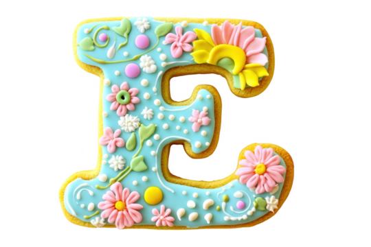 Letter e cookie decorated with flowers and dots icing design on transparent background