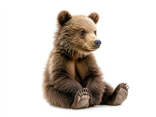 Adorable brown bear cub seated, profile view.  Soft fur, large eyes,  cute posture