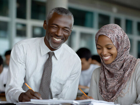 supportive photograph of a teacher assisting a student wearing a hijab with her assignment in a clas