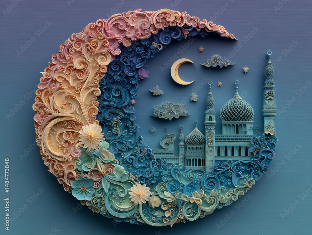 Poster abstract 3d rendering featuring flowing arabesque patterns forming a crescent moon shape against a g