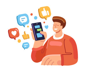Man interacts with smartphone displaying social media networks. User chats online and browses events and news