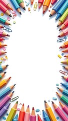 Fototapeta premium Colorful stationery items arranged around the edges of a white background, forming a creative copy space frame.