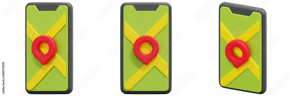 Poster set of smartphone app interface with location marker 3d render icon illustration