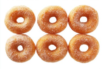 Delightful assortment of sugar-coated doughnuts on clean backdrop showcasing variety in shape and texture