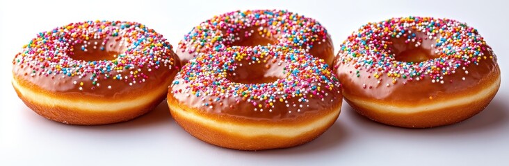 Delightful assortment of colorful doughnuts with sprinkles arranged beautifully on a white background for sweet temptations