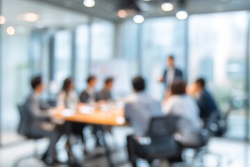 Blur office meeting blurred background with business people working group in boardroom discussion for teamwork brainstorming, executive seminar or professional training in small startup enterprise