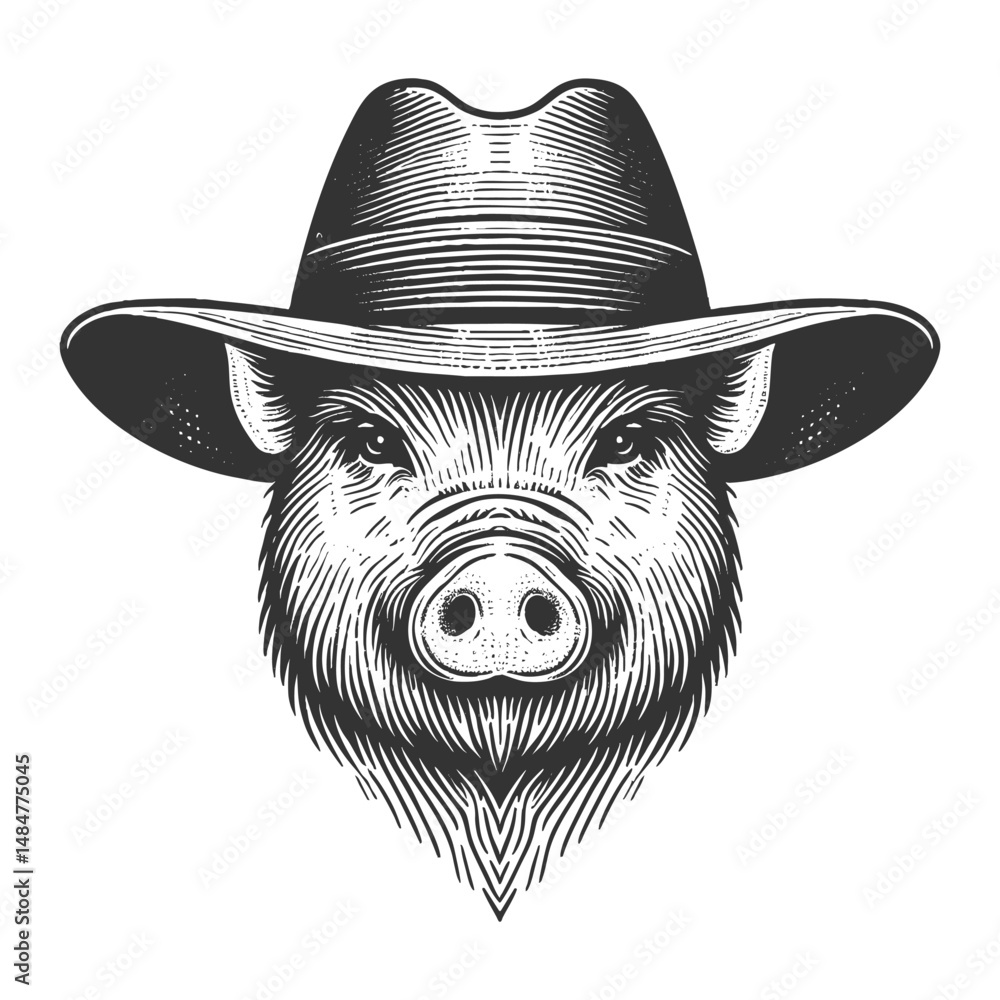 Poster pig in hat with a confident expression sketch engraving generative ai vector illustration. scratch b