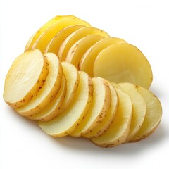 Delicately sliced golden potatoes arranged beautifully on a crisp white background showcasing their natural texture and color