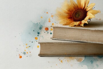 Aged books and a sunflower on a textured surface.