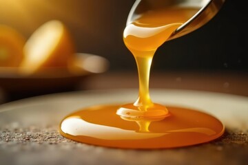 Golden syrup, slow drip, glossy texture, rich amber , liquid, cooking, caramel