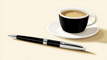 A black pen and a white coffee cup sit on a table