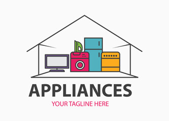 Modern minimalist home appliance store logo. Refrigerator stove and washing machine icon.