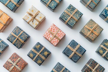 Multiple small gift boxes are neatly arranged in a grid formation on a bright white surface. Each box features unique intricate patterns and colorful designs, creating an appealing visual display