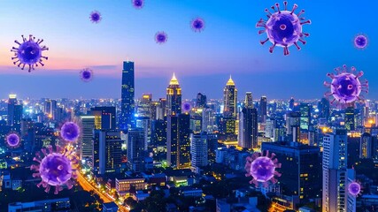Urban City Skyline at Twilight with Floating Coronavirus Visualization in a Modern Cityscape - Powered by Adobe