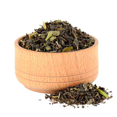 Dried tea leaves in ceramic bowl