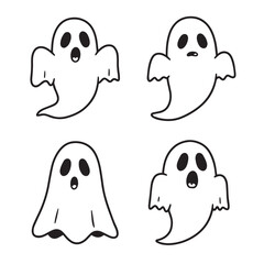 Four simple black and white cartoon ghost outlines with different expressions are shown on a white background.