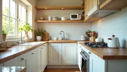 A sparkling clean kitchen, countertops wiped, dishes gleaming, appliances polished Ready for the day , spray bottle, detail, everyday life