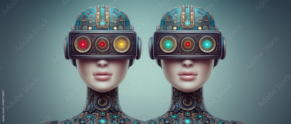 Poster dual futuristic humanoid robots with intricate metallic designs and high-tech visual displays creati