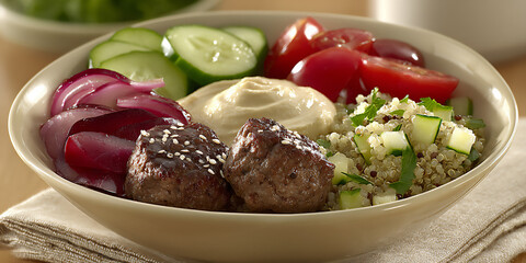 top-down close-up of a vibrant falafel salad bowl with hummus, quinoa, chopped vegetables